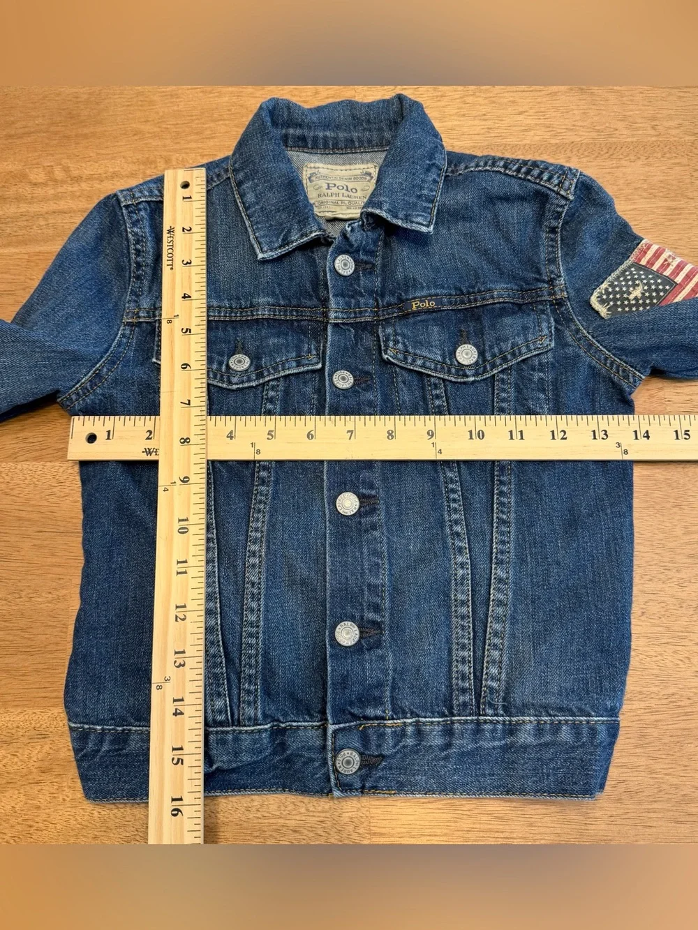 Polo Ralph Lauren Denim Trucker Jacket Kids Size 7 American Flag Patch Logo Snap